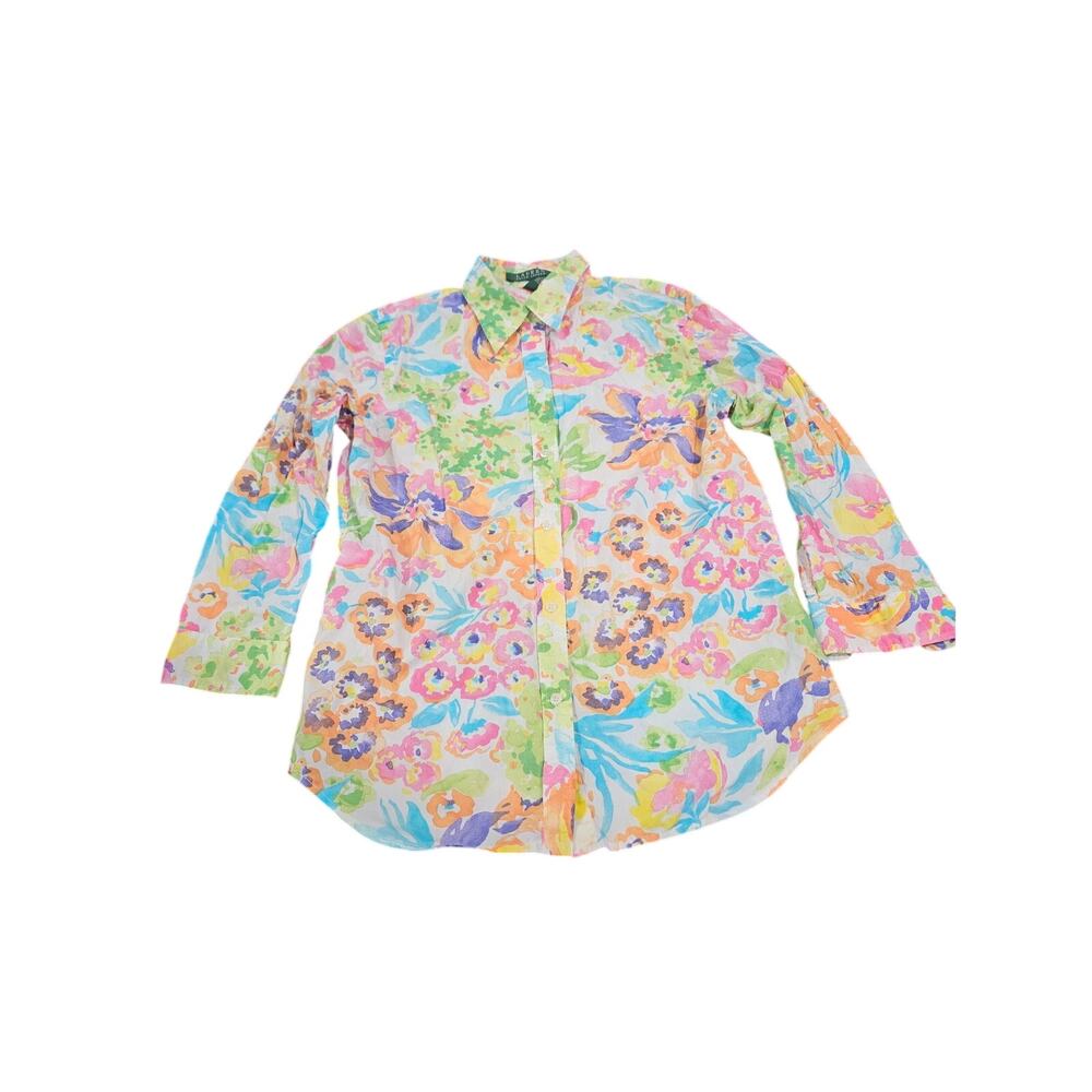 Lauren Ralph Lauren Floral Button Front Shirt XS 100% Cotton Watercolor Preppy